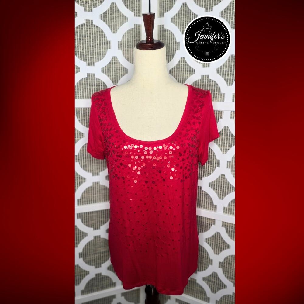 Relativity Red Sequin Scoop Neck Short Sleeve Knit Top Size PL